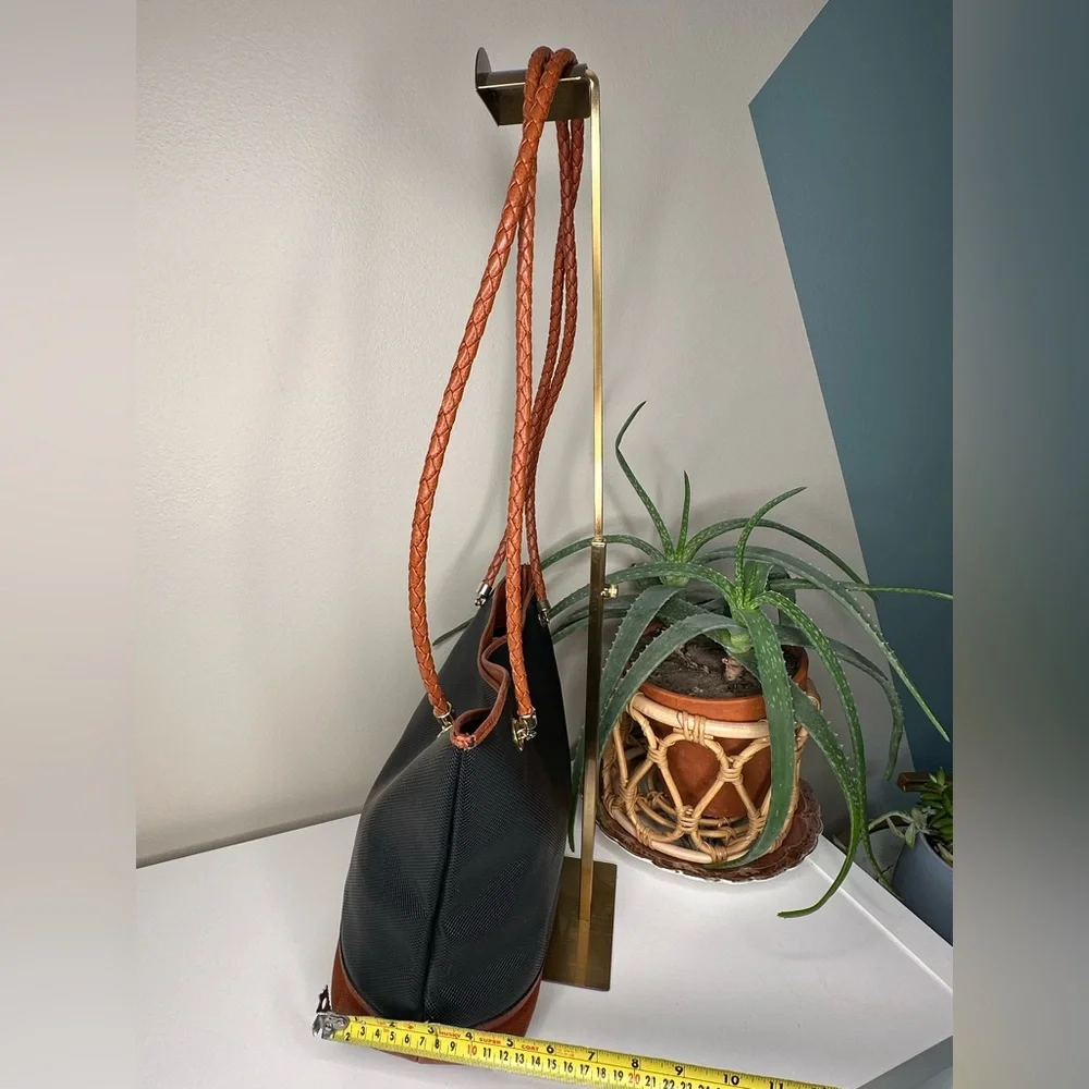 Vintage Bottega Veneta Bucket Bag Black Canvas Cognac Leather Braid Italy Made - Picture 11 of 12